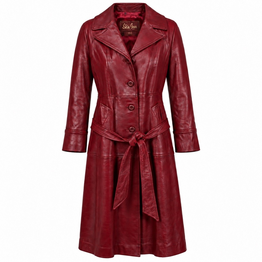 Vtg 70s Skin Gear California Burgundy Napa Leather Trench Coat Jacket Belted M L